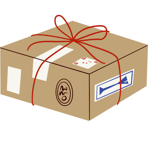 illustration of a brown package with labels and a red string tied in a bow